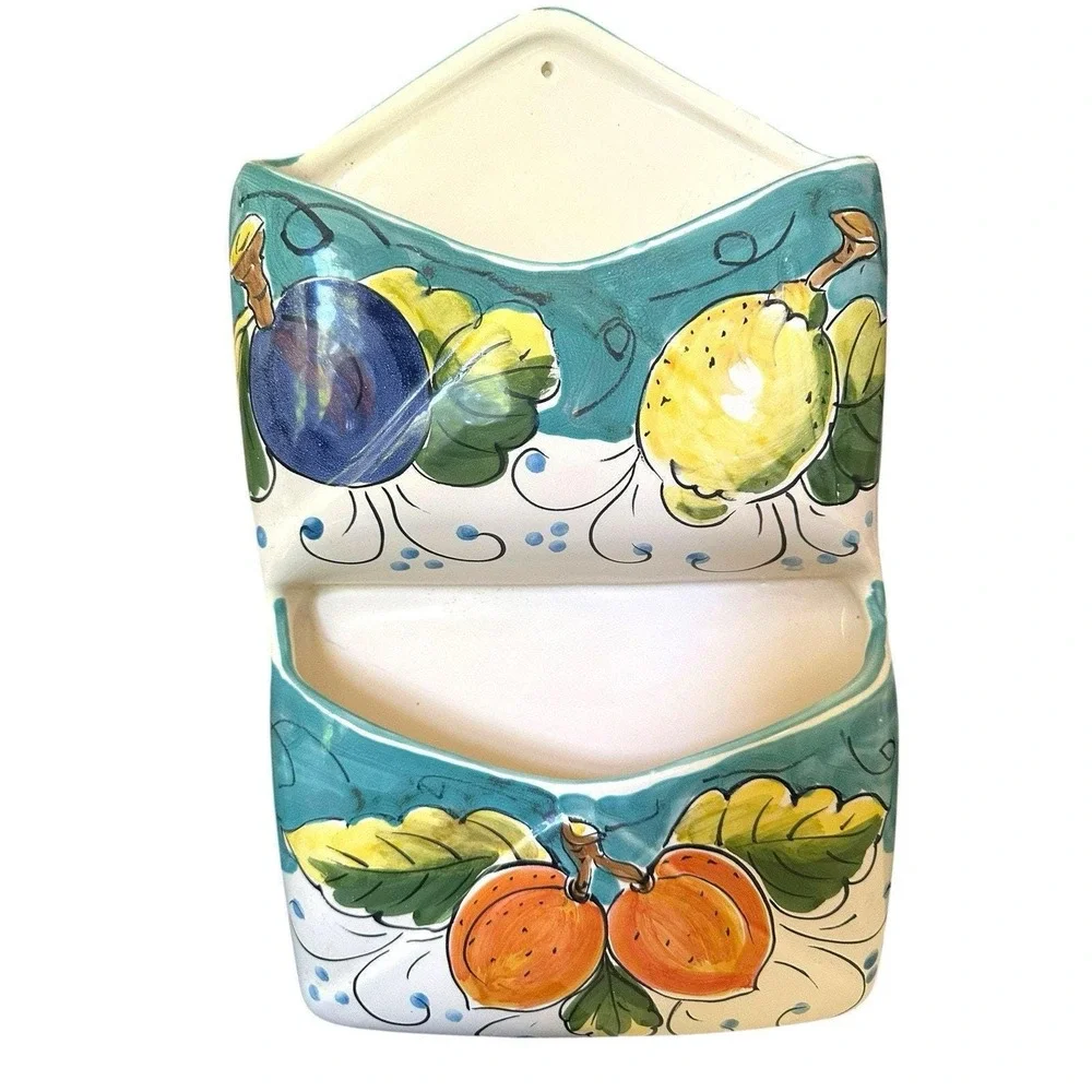 Vintage Hand-Painted Ceramic Mail Holder: Italian Fruit Lemon Plum Orange Design